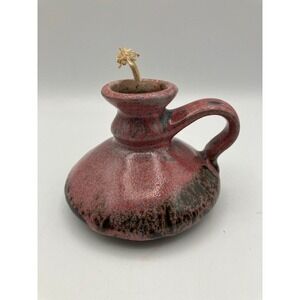 Vintage Handcrafted Ceramic Oil Lamp/Handle/Wick, Dark Pink  Glazed Pottery 3.5H